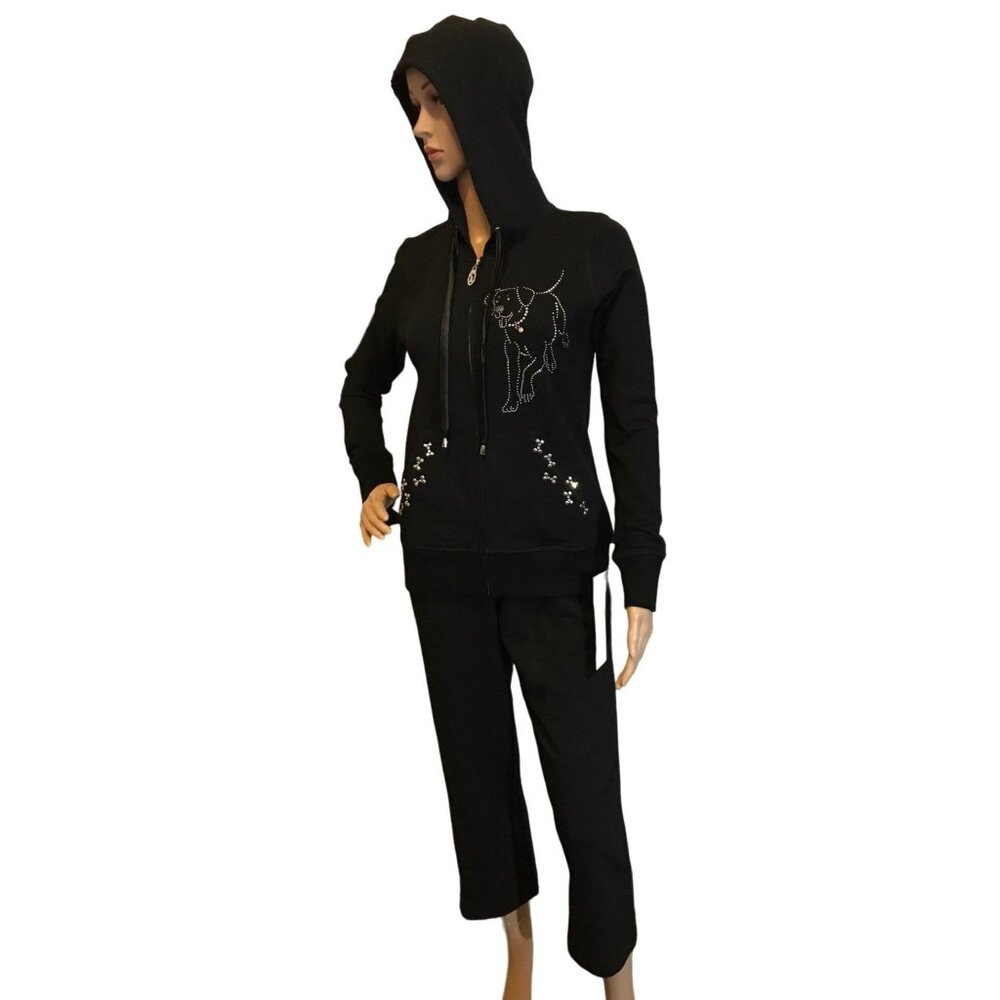 Christine Alexander SET Small Black White Cotton Track Jacket Swarovski CAPRI Pa